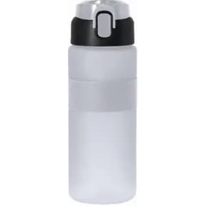 A drink bottle in a frosted white design with a black lid and a logo.