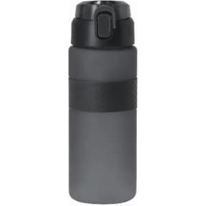 A drink bottle in matte grey with a black grip band and a secure lid. It features a logo on the surface.