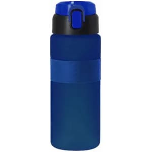 A drink bottle in shades of blue with a black lid and a band around the middle, featuring a logo.