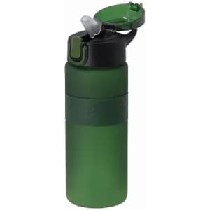 A drink bottle in green with a black top and a flip lid, featuring a textured grip band and a logo.