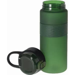 A drink bottle in matte green with a black lid and textured grip band. It features a logo.