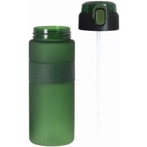A drink bottle in a dark green shade with a black lid and a clear straw, featuring a textured grip.