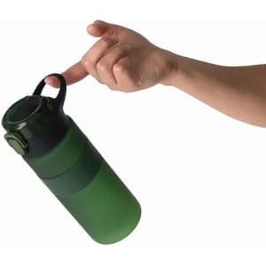 A drink bottle in shades of green with a black lid, featuring a finger loop for easy carrying.
