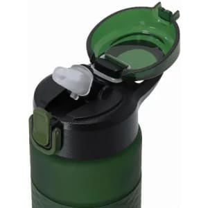 A drink bottle in green shades featuring a flip-top lid and spout, with a logo on the side.