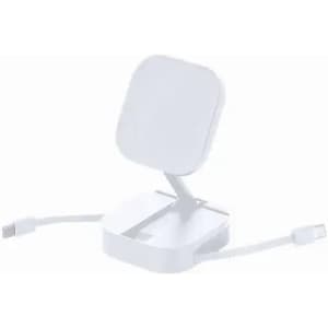 A white charging dock with a square top and attached cables for device charging. Features a minimalist design.
