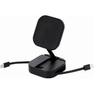 A black charging stand with a square magnetic top and attached cables, featuring a sleek, modern design.