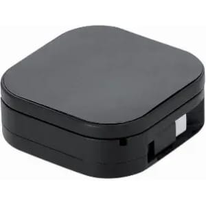 A black, square product container with a smooth surface and a small opening on the side. It has a logo on the top.