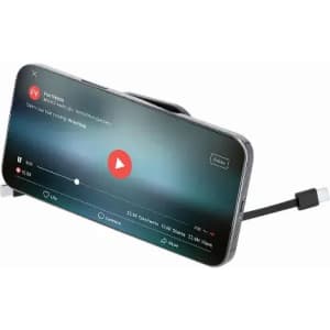 A smartphone with a charging cable connected, displaying a video player interface. The phone has a black body.