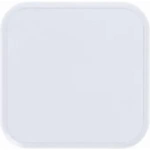 A white square product with rounded edges, featuring a simple design and a logo in the corner.