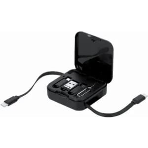 A black tech storage case with various USB drives and a USB cable neatly organized inside.