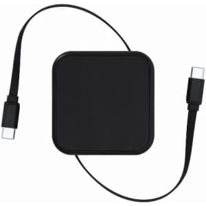 A black charging pad with an integrated cable for connecting devices.