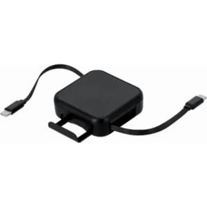 A retractable charging cable in black, featuring a square design with USB and USB-C ends.
