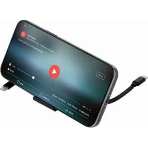 A smartphone displaying a video player interface, with a sleek design and a charging cable connected.