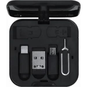 A compact black charging kit featuring various cables and a SIM card ejector tool stored in a case.
