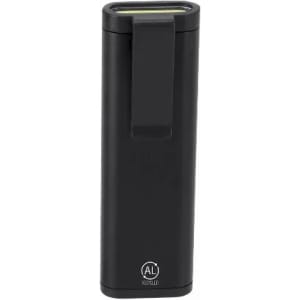 A drink bottle in matte black with a clip for easy carrying and a logo on the base.