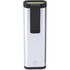 A drink bottle in silver and black, featuring a clip and a sleek, modern design. It has a branded logo.