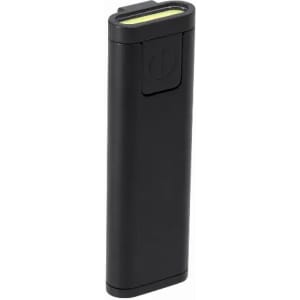 A portable power bank in sleek black, featuring a power button and a bright charging indicator.