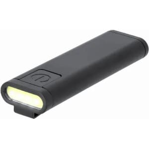 A portable black LED light with a rectangular design and a button on the side.