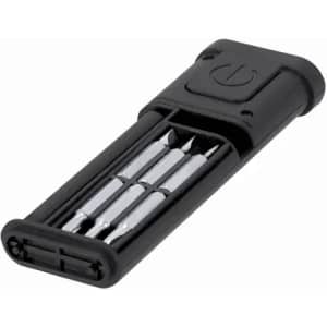 A multi-tool featuring multiple screwdrivers in a black casing with a push-button mechanism.