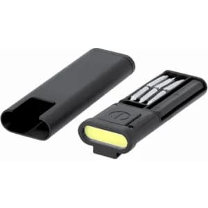A black multi-tool with a compact design, featuring a light and several screwdriver bits stored within a case.