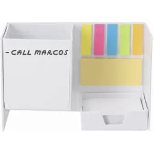 A desk organiser in white featuring compartments for notes, sticky notes in pink, green, and yellow, and business cards.