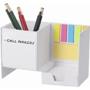 A desk organiser in white, featuring space for pens, sticky notes, and a small drawer.