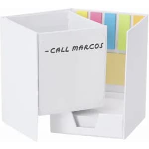 A white desk organiser with a compartment for notes and colourful sticky tabs in the back. It has a branding logo.