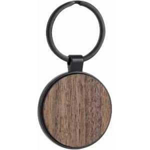 A wooden keyring with a circular wooden pendant and a black metal ring. The wood has a natural grain finish.