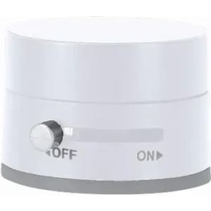 A white circular device with a dial for switching between off and on positions. The base is grey.