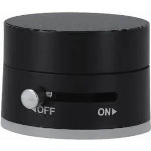 A black and silver control knob with an on/off switch and a sleek design. It has a round shape and a glossy finish.