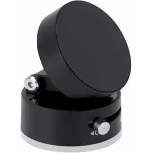 A black adjustable swivel mount with a round top and a knob for adjustments. It has a sleek design and a metallic finish.