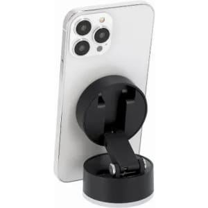 A phone stand featuring a black, adjustable base attaches securely to the back of a smartphone.