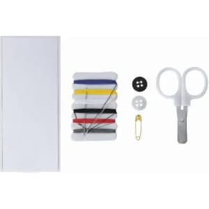 A sewing kit containing threads, needles, scissors, a safety pin, buttons, and a case, all in various colours.