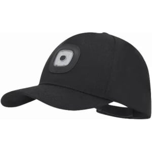 A black cap featuring a circular light on the front, with a classic adjustable design.