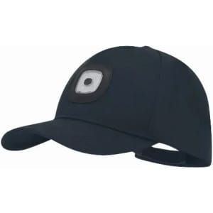 A navy cap featuring a circular light on the front, designed for outdoor activities. It has a logo on it.