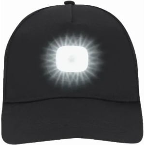 A black cap featuring a bright, square light at the front with a glowing effect around it. It has a logo.