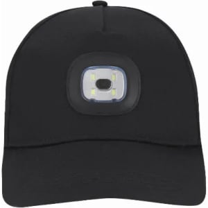 A black cap featuring a built-in LED light on the front. The cap has a sleek design and is functional.