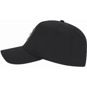 A black cap featuring a logo on the front and a curved brim.