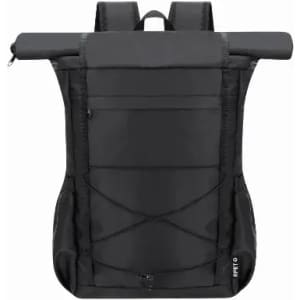 A black backpack featuring a roll-top design, multiple compartments, and adjustable shoulder straps with a logo.