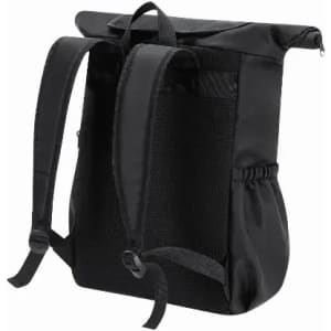 A black roll-top backpack featuring adjustable straps and a mesh texture on the back. It includes a logo.
