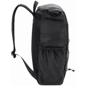 A black backpack with a large compartment and side pocket, featuring adjustable straps and a sleek design.