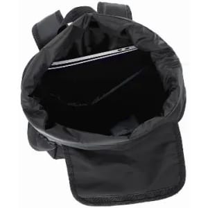 A black backpack with a spacious, open interior and a zippered compartment at the top. Features adjustable straps.