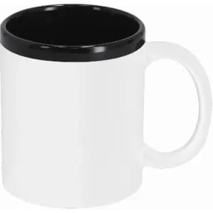 A drink bottle with a white body and a black rim, featuring a handle and a smooth finish.