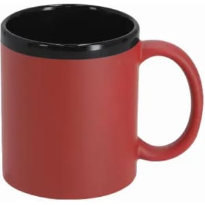A drink bottle in red with a black rim and handle, featuring a smooth finish and a rounded shape.