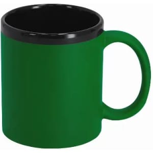 A green mug with a black inner rim and handle, featuring a glossy finish and a rounded shape.