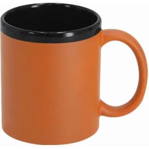 An orange mug with a black interior and handle, featuring a smooth finish. It has a simple, round design.
