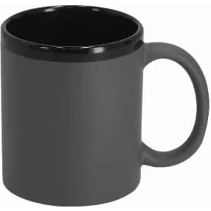 A drink bottle in sleek matte grey with a glossy black interior and a handle. Features a logo.