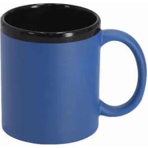 A drink bottle in matte blue with a black rim and handle, featuring a simple design and a smooth finish.
