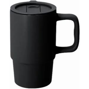 A drink bottle in matte black with a handle and a secure lid. It features a logo on the surface.