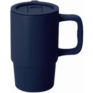 A drink bottle in navy blue with a handle and a lid, featuring a sleek design and a smooth finish.
